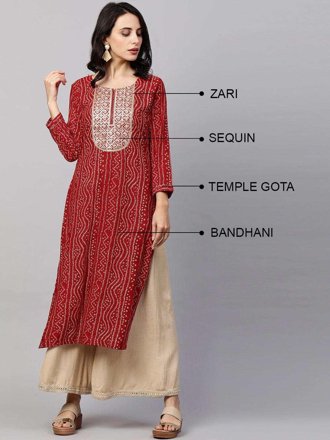 Bandhani Printed & Sequin Embroidered Straight Kurta - Red - Indiakreations