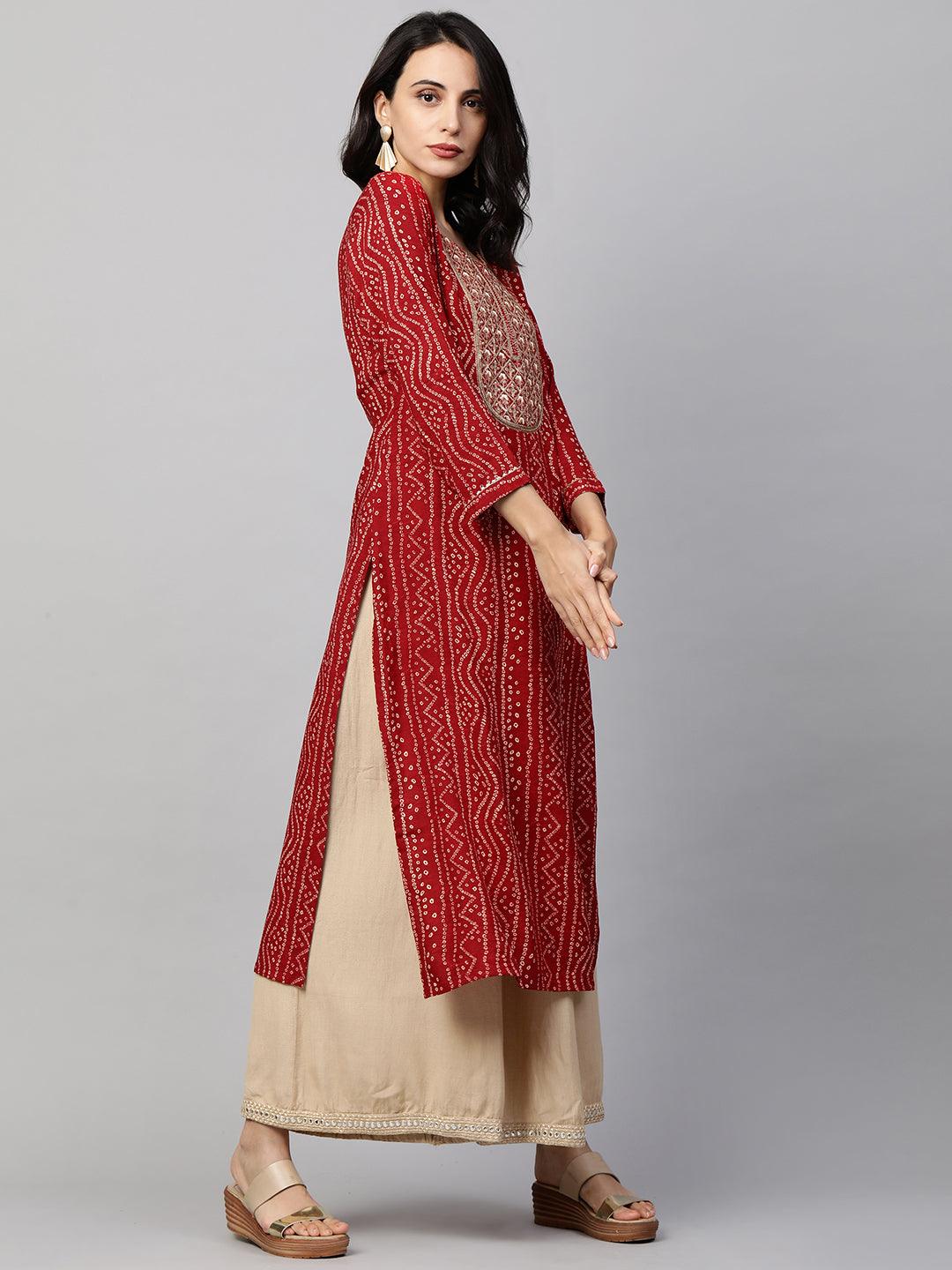 Bandhani Printed & Sequin Embroidered Straight Kurta - Red - Indiakreations