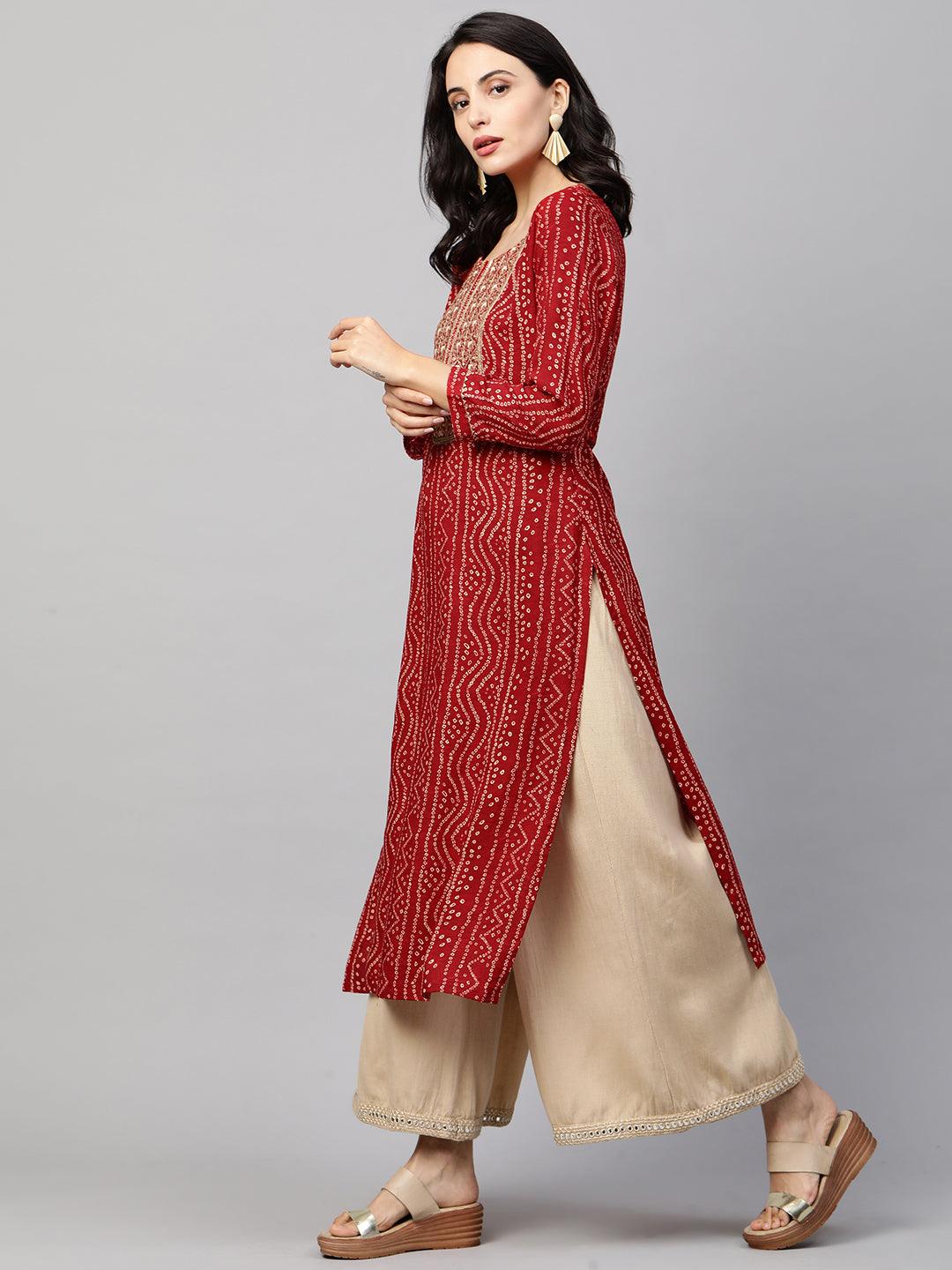 Bandhani Printed & Sequin Embroidered Straight Kurta - Red - Indiakreations