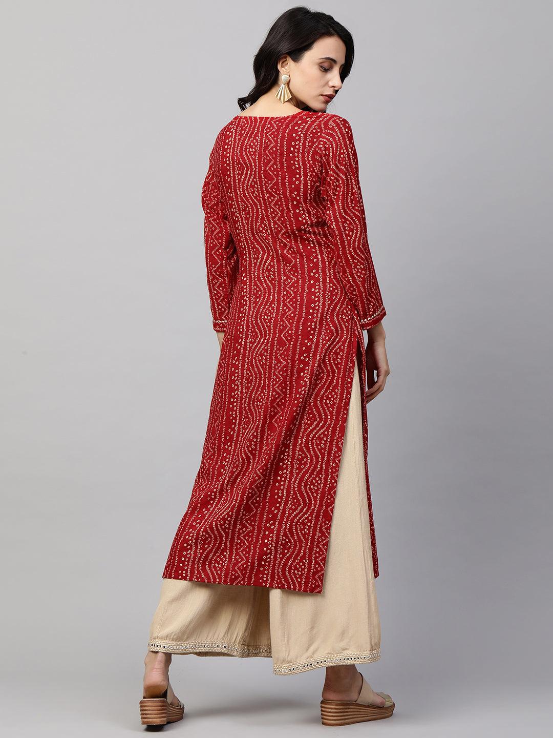 Bandhani Printed & Sequin Embroidered Straight Kurta - Red - Indiakreations