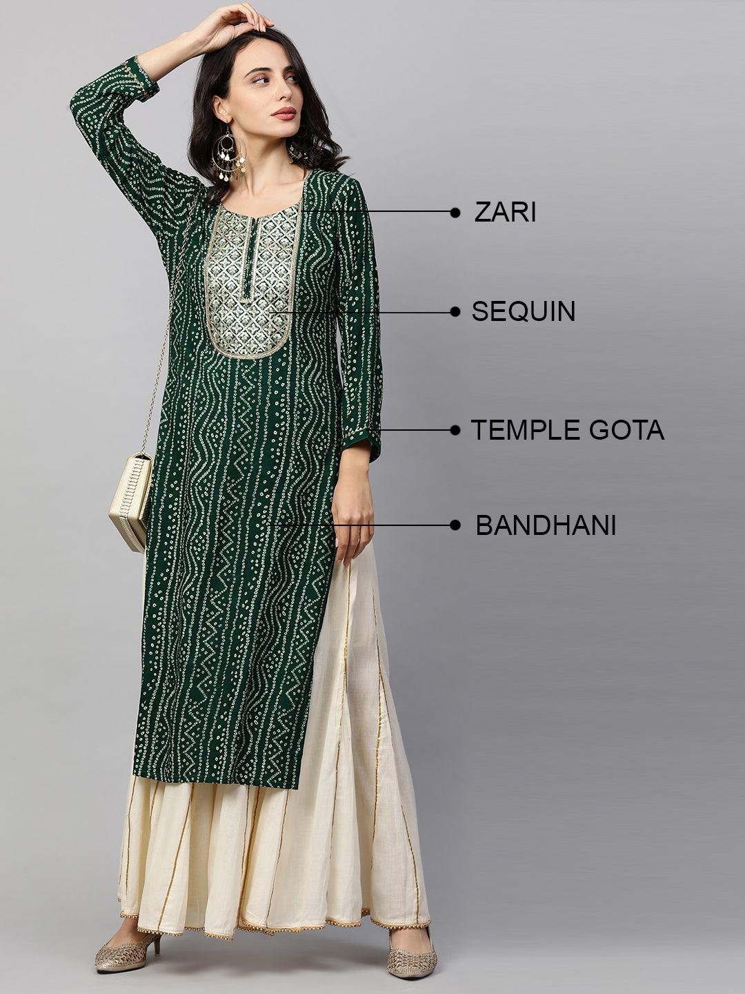 Bandhani Printed & Sequin Embroidered Straight Kurta - Emerald Green - Indiakreations