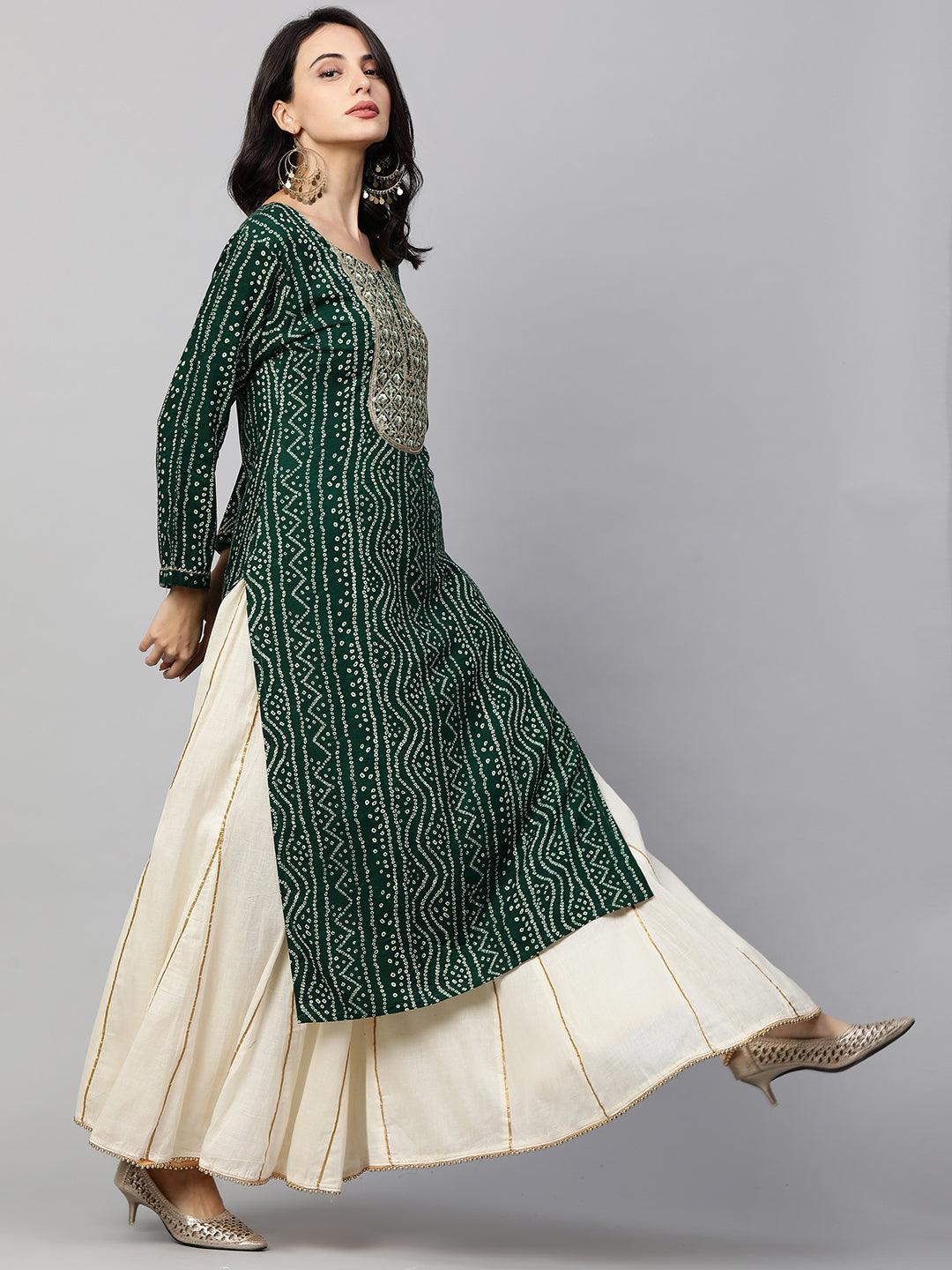 Bandhani Printed & Sequin Embroidered Straight Kurta - Emerald Green - Indiakreations