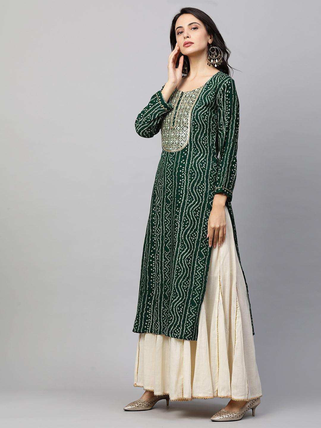 Bandhani Printed & Sequin Embroidered Straight Kurta - Emerald Green - Indiakreations