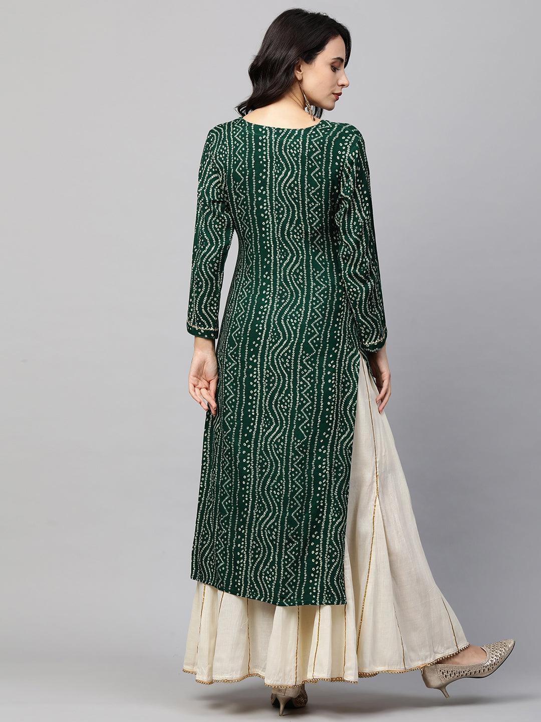 Bandhani Printed & Sequin Embroidered Straight Kurta - Emerald Green - Indiakreations