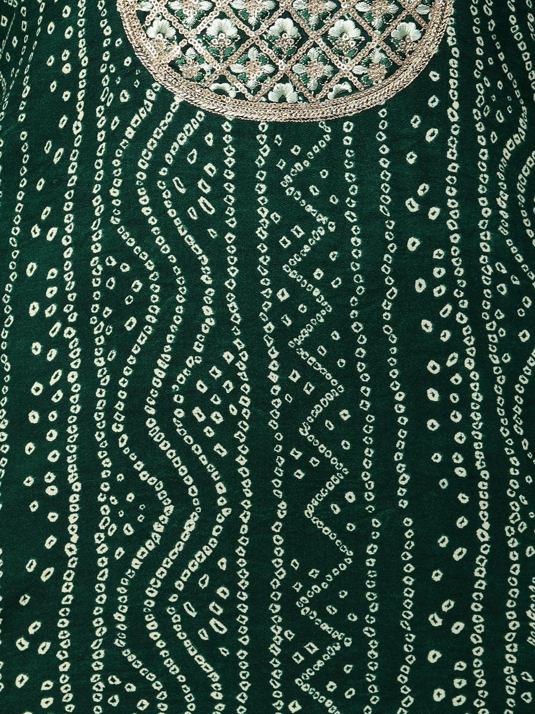 Bandhani Printed & Sequin Embroidered Straight Kurta - Emerald Green - Indiakreations