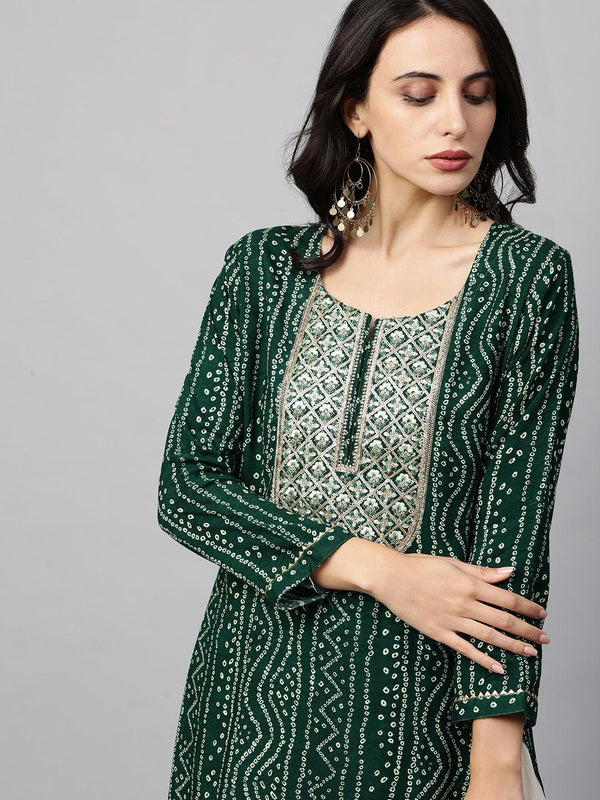 Bandhani Printed & Sequin Embroidered Straight Kurta - Emerald Green - Indiakreations