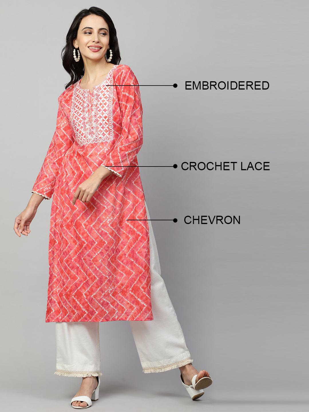 Ethnic Embroidered & Chevron Dyed Straight Kurta - Candy Peach - Indiakreations