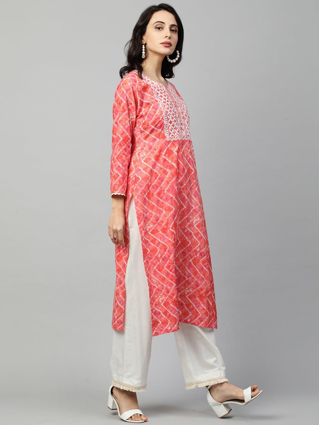 Ethnic Embroidered & Chevron Dyed Straight Kurta - Candy Peach - Indiakreations