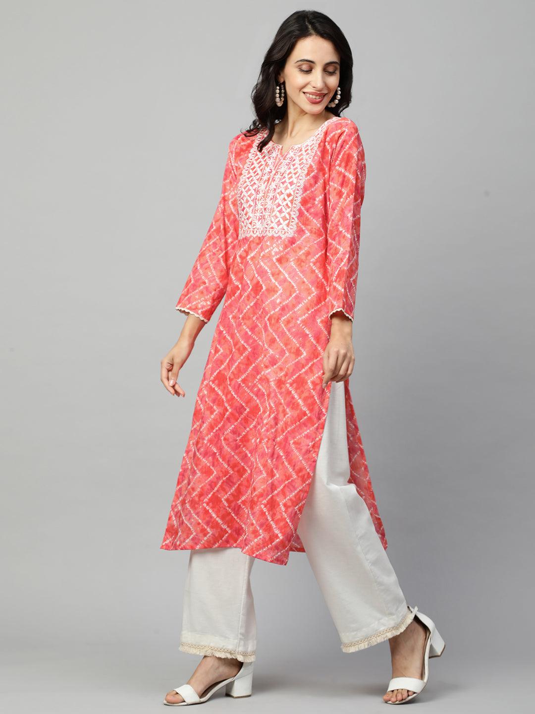 Ethnic Embroidered & Chevron Dyed Straight Kurta - Candy Peach - Indiakreations