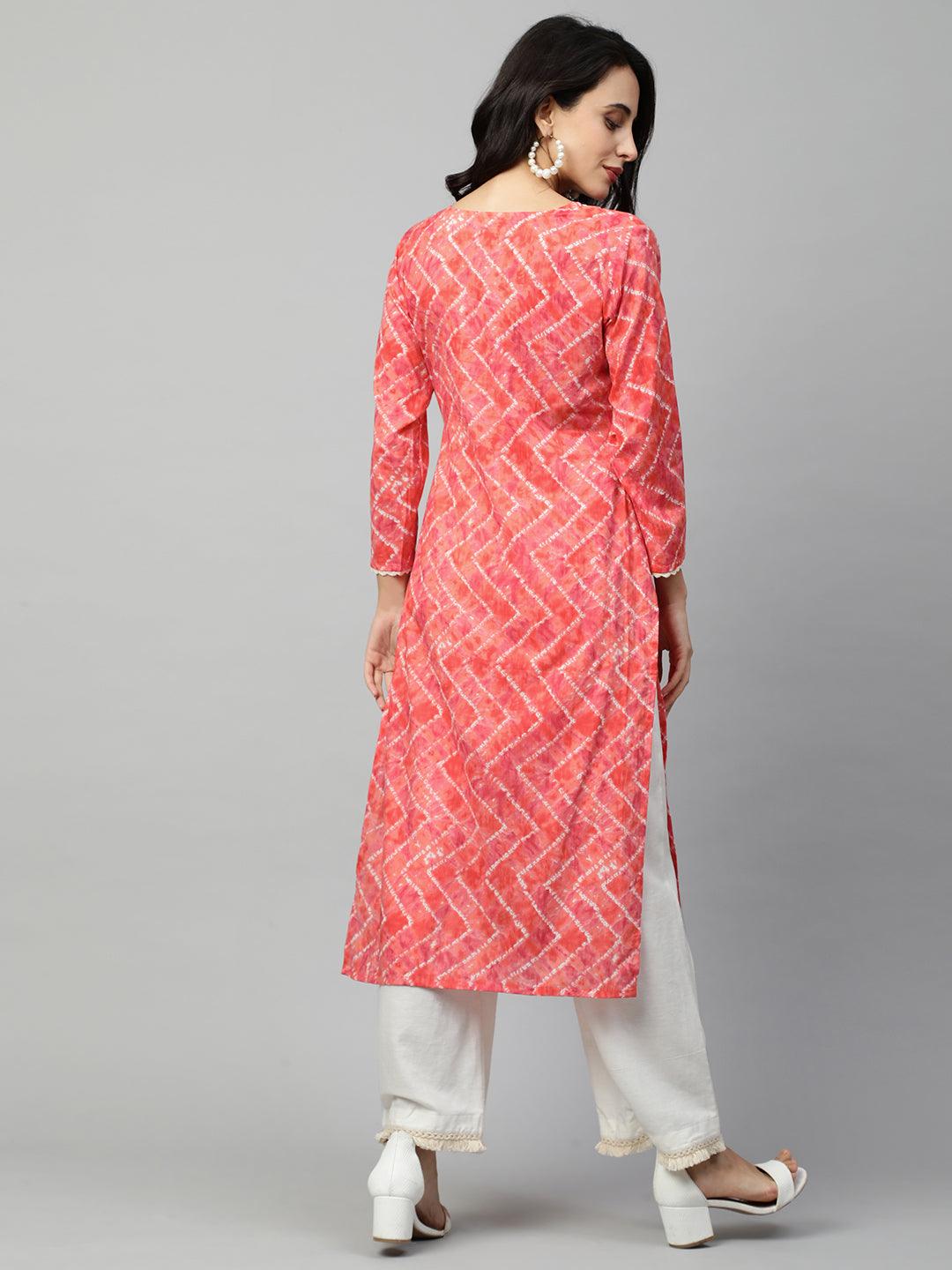 Ethnic Embroidered & Chevron Dyed Straight Kurta - Candy Peach - Indiakreations