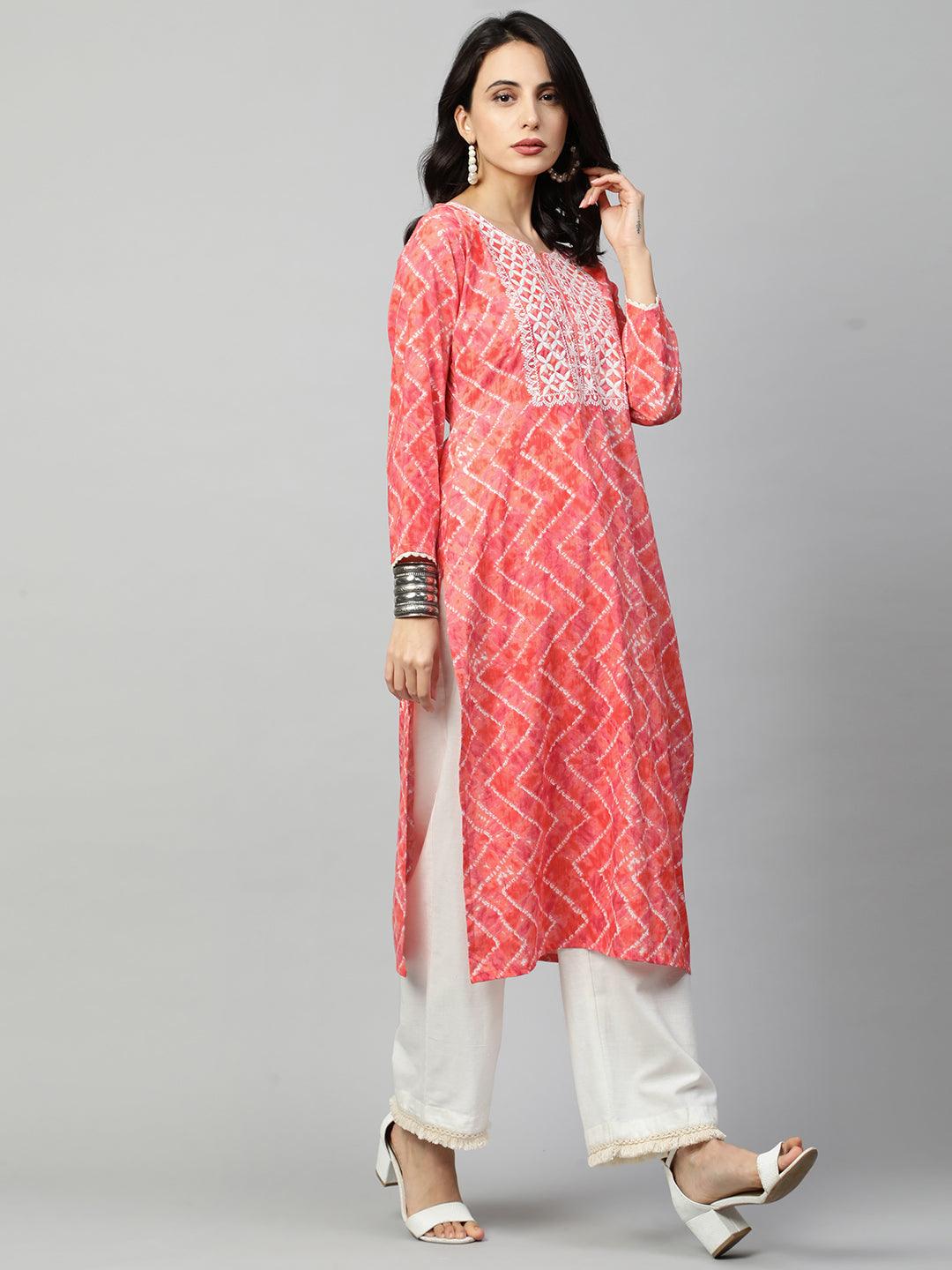 Ethnic Embroidered & Chevron Dyed Straight Kurta - Candy Peach - Indiakreations