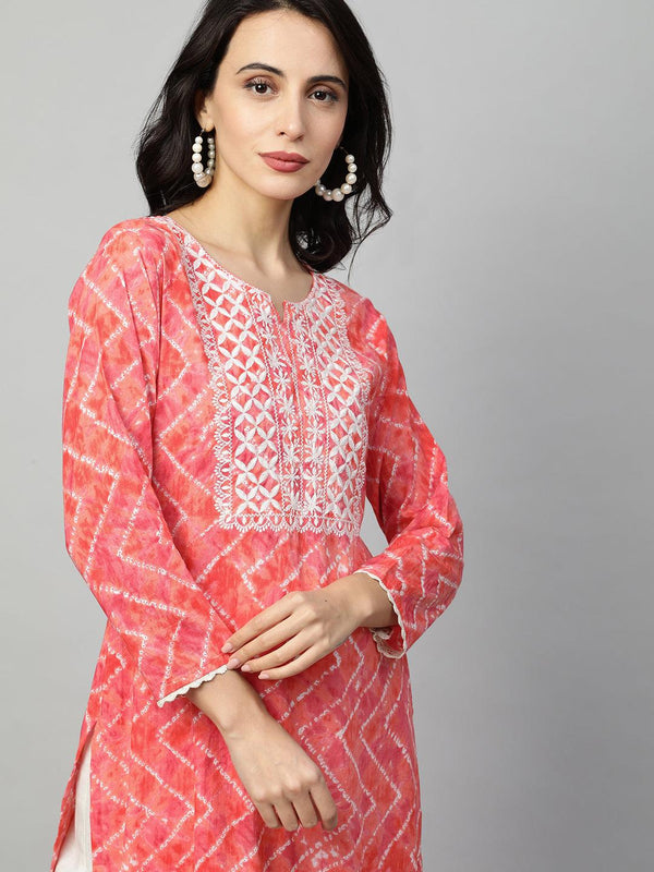 Ethnic Embroidered & Chevron Dyed Straight Kurta - Candy Peach - Indiakreations