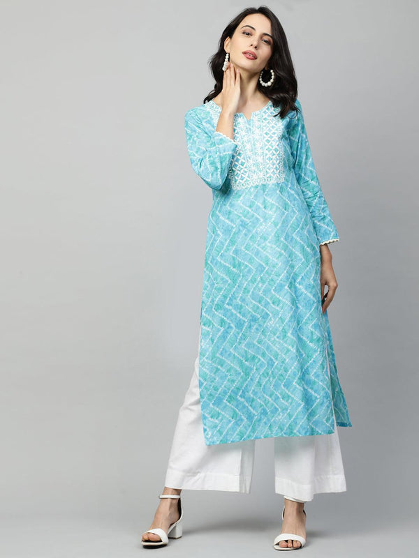 Ethnic Embroidered & Chevron Dyed Straight Kurta - Sky Blue - Indiakreations