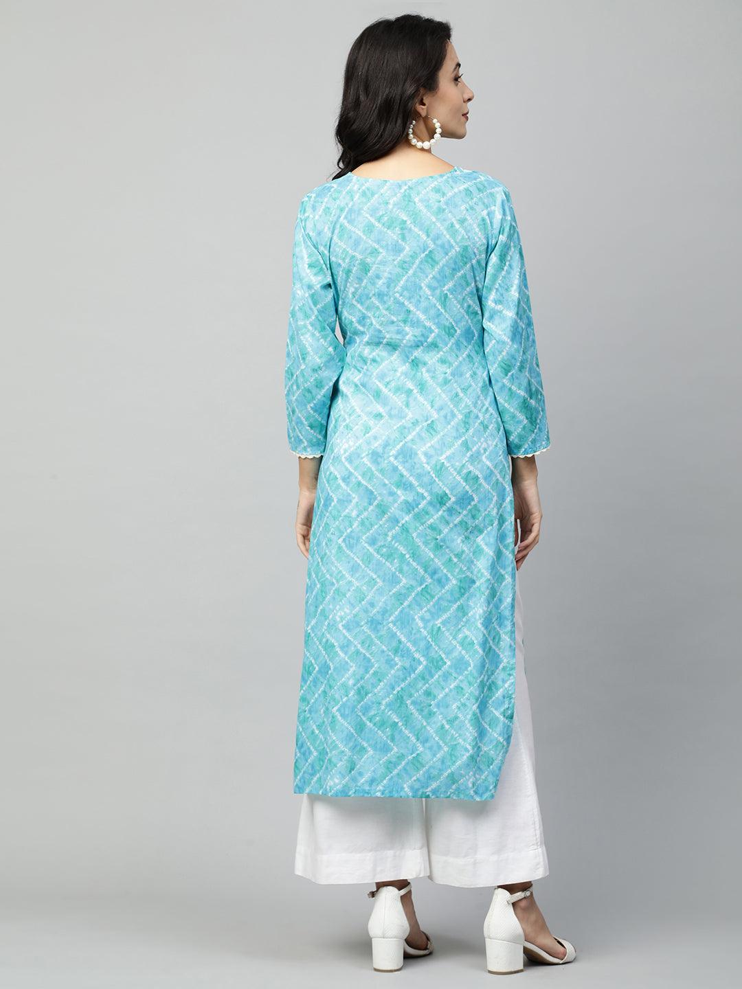 Ethnic Embroidered & Chevron Dyed Straight Kurta - Sky Blue - Indiakreations