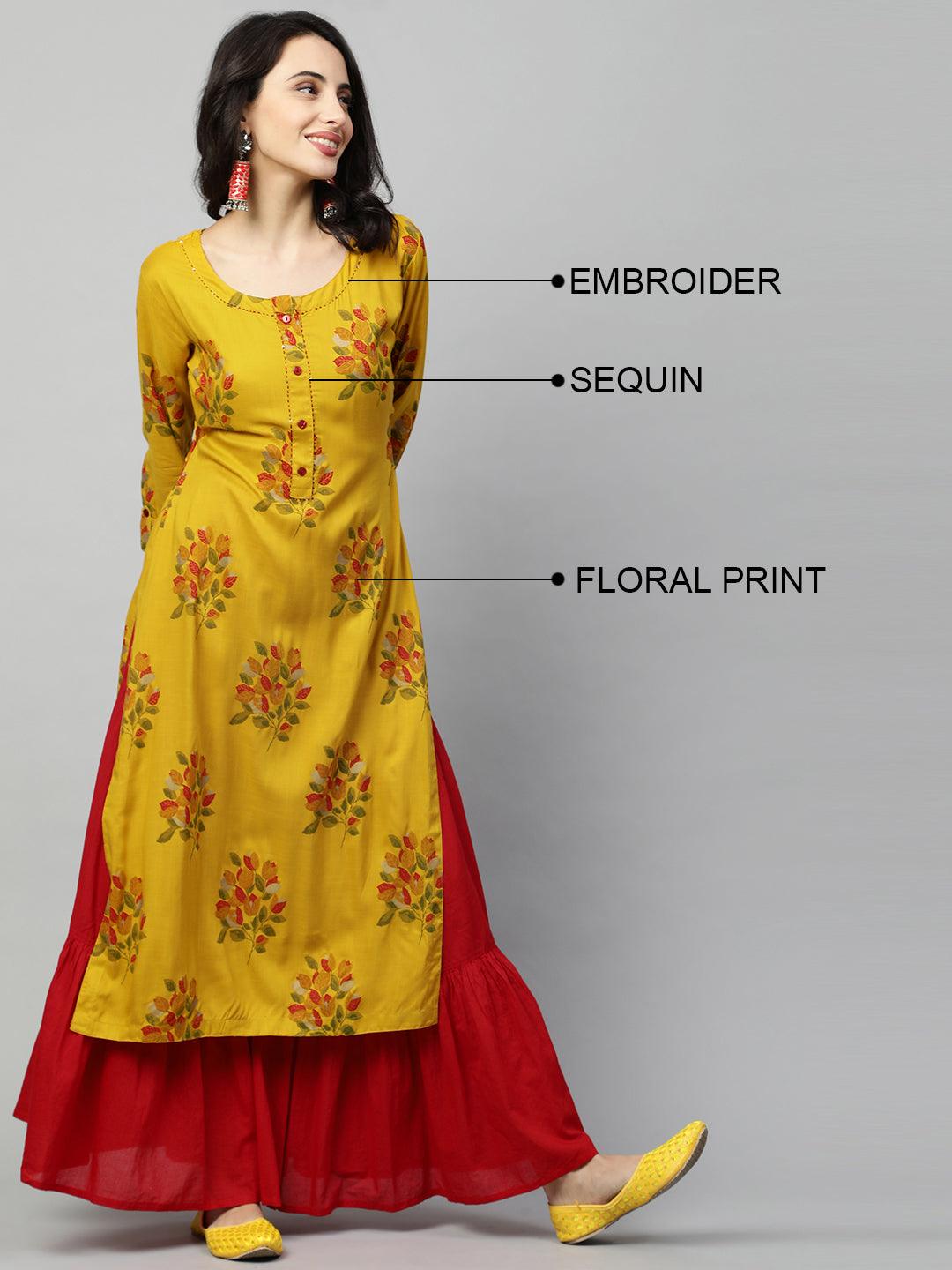 Ethnic Floral Printed & Kantha Embroidered Straight Kurta - Mustard - Indiakreations