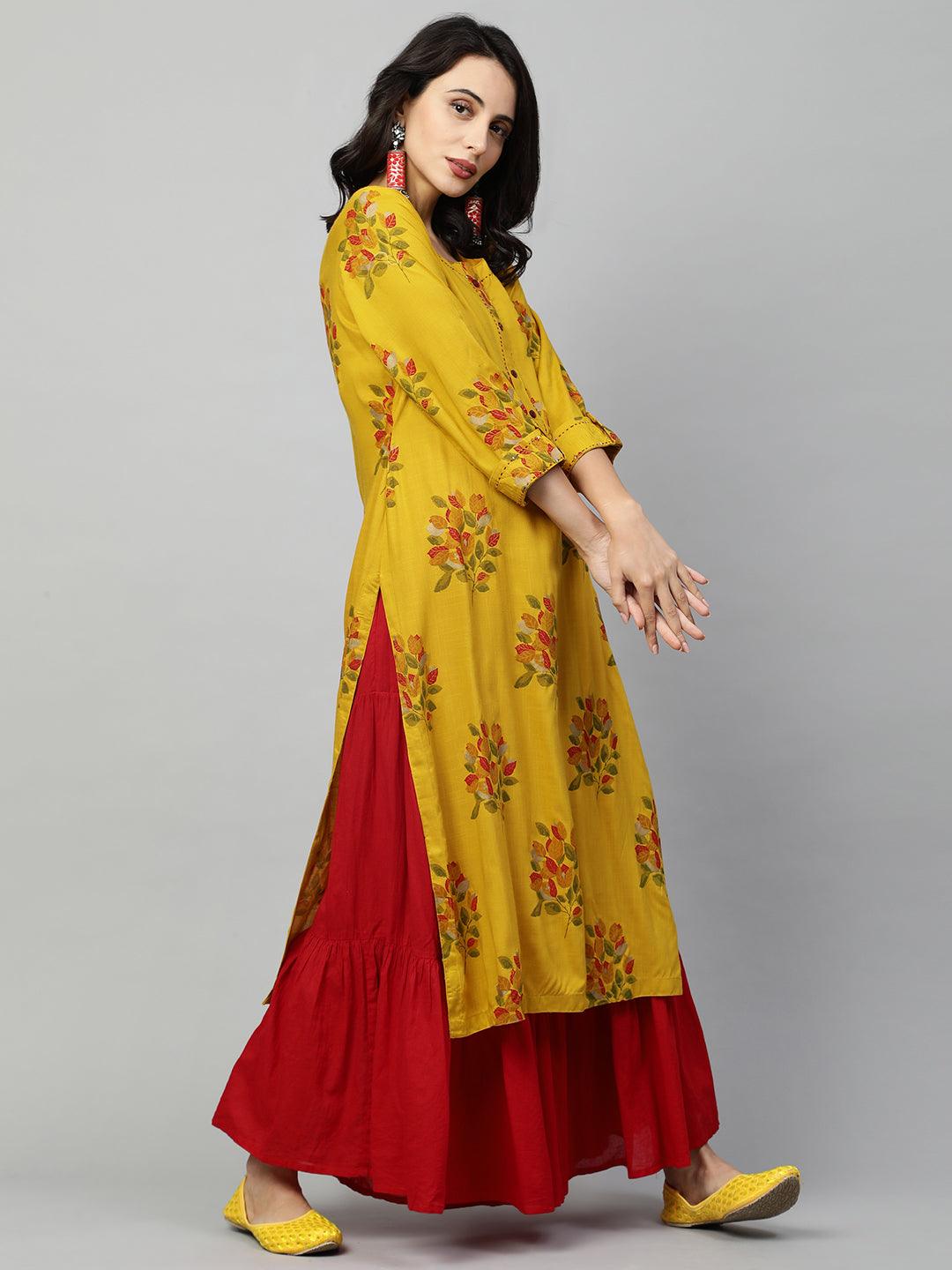 Ethnic Floral Printed & Kantha Embroidered Straight Kurta - Mustard - Indiakreations