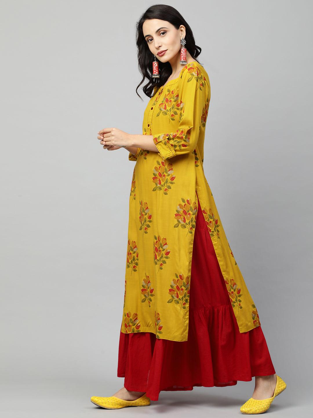 Ethnic Floral Printed & Kantha Embroidered Straight Kurta - Mustard - Indiakreations