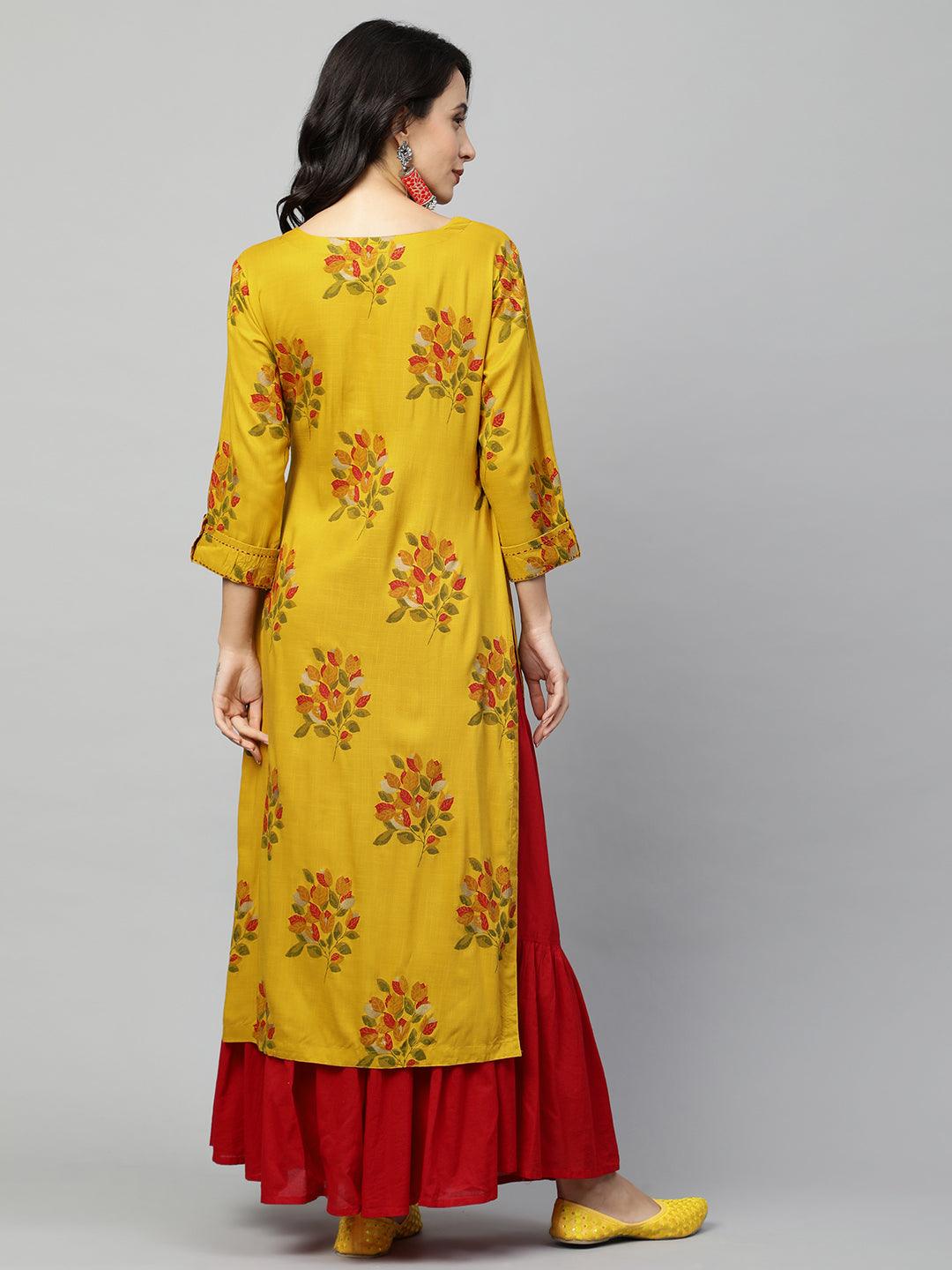 Ethnic Floral Printed & Kantha Embroidered Straight Kurta - Mustard - Indiakreations