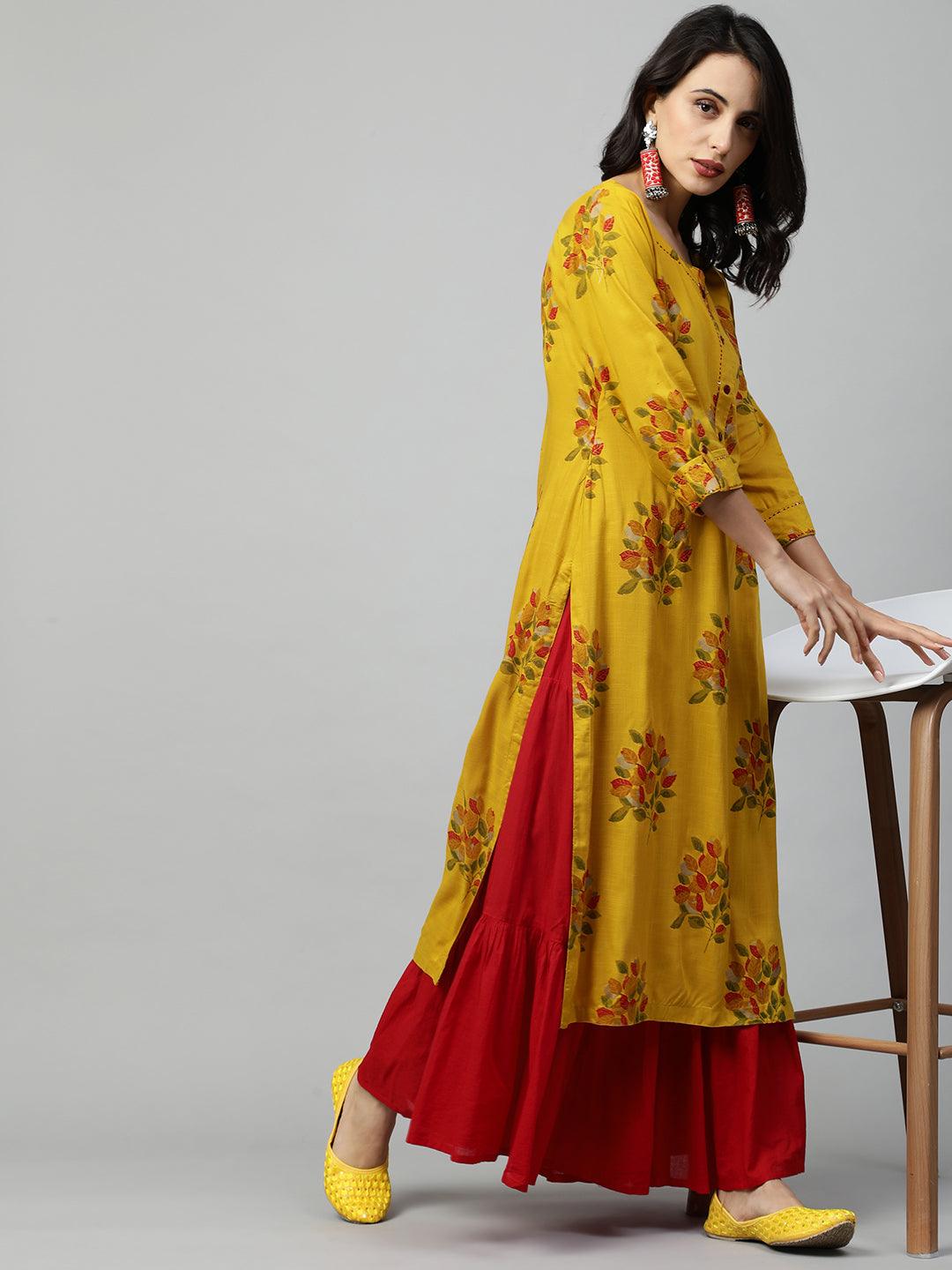 Ethnic Floral Printed & Kantha Embroidered Straight Kurta - Mustard - Indiakreations