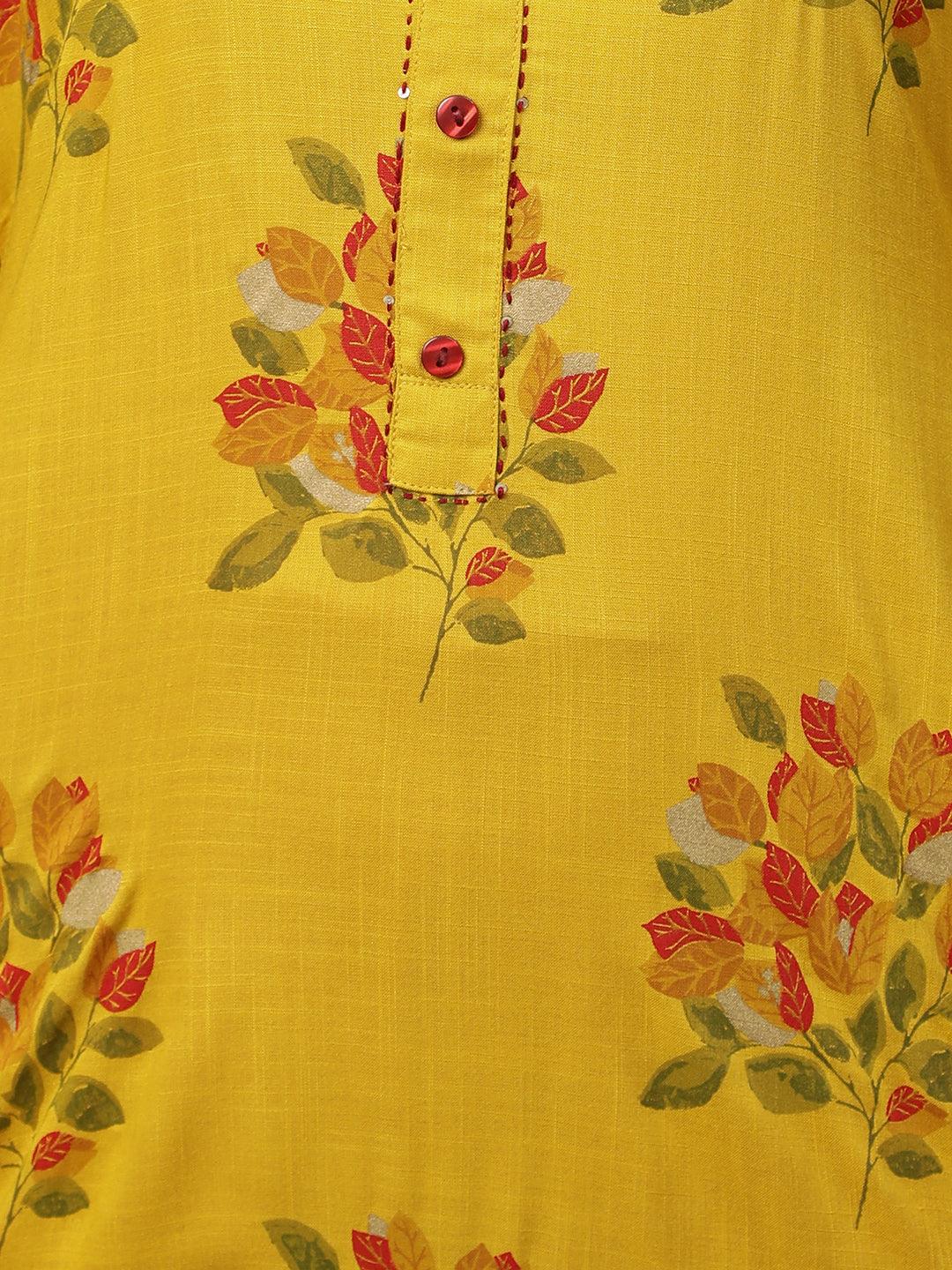 Ethnic Floral Printed & Kantha Embroidered Straight Kurta - Mustard - Indiakreations