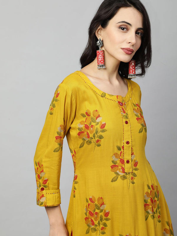 Ethnic Floral Printed & Kantha Embroidered Straight Kurta - Mustard - Indiakreations