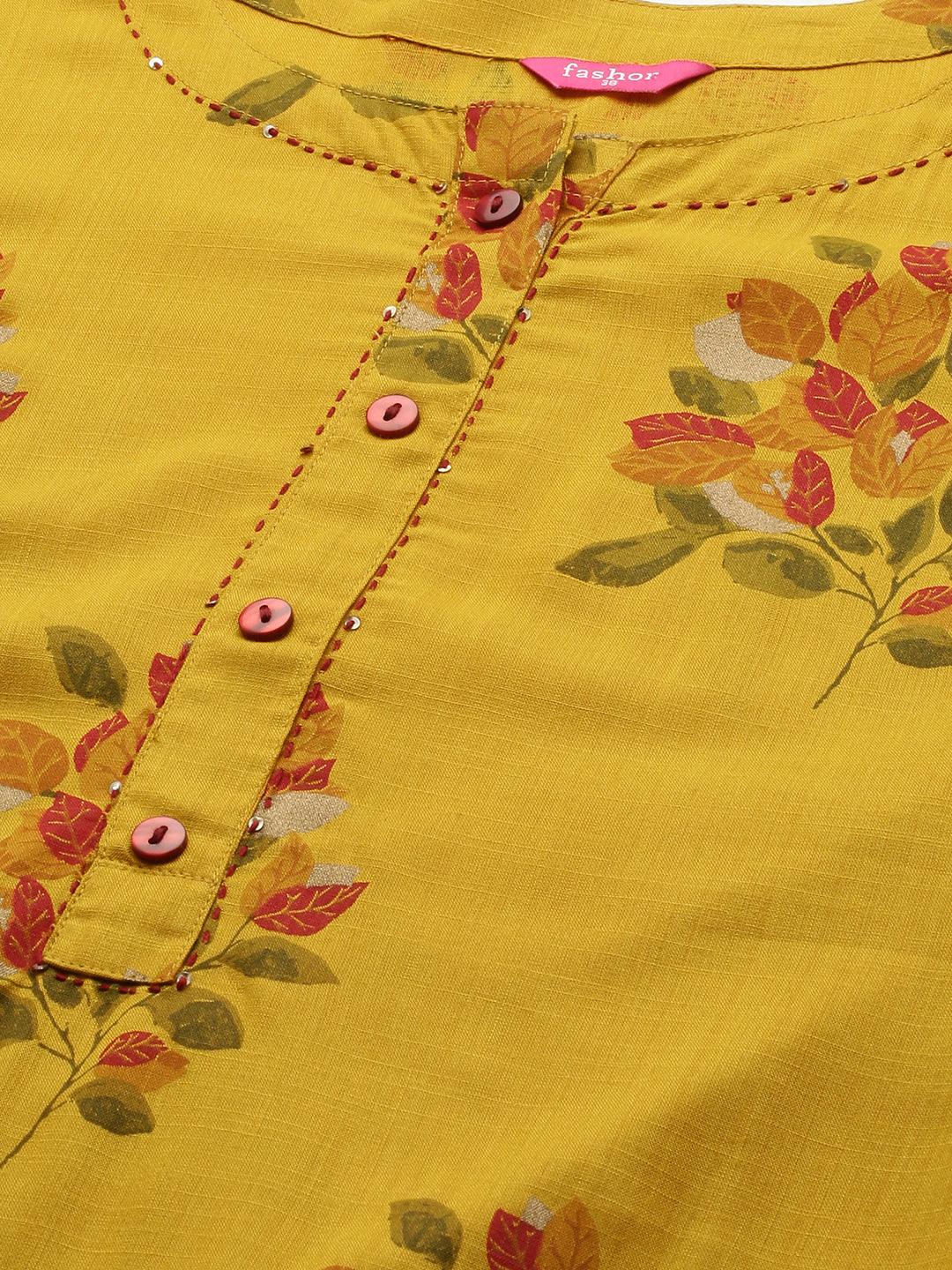 Ethnic Floral Printed & Kantha Embroidered Straight Kurta - Mustard - Indiakreations