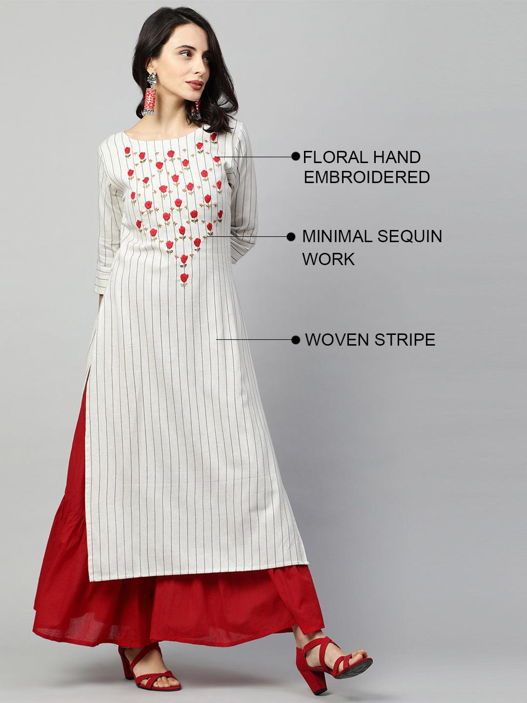 Woven Stripes & Floral Embroidered Straight Kurta - Off White - Indiakreations