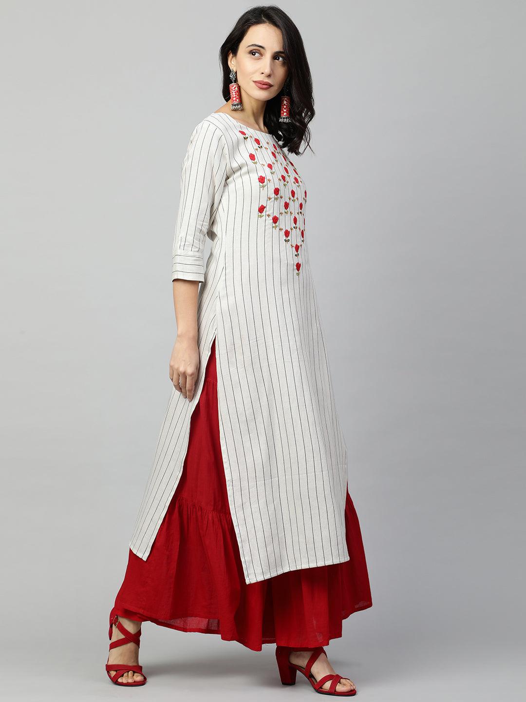 Woven Stripes & Floral Embroidered Straight Kurta - Off White - Indiakreations