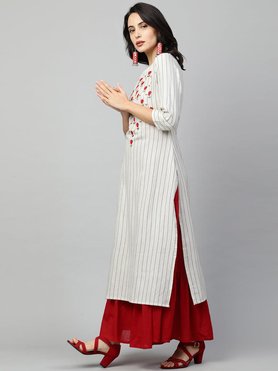 Woven Stripes & Floral Embroidered Straight Kurta - Off White - Indiakreations