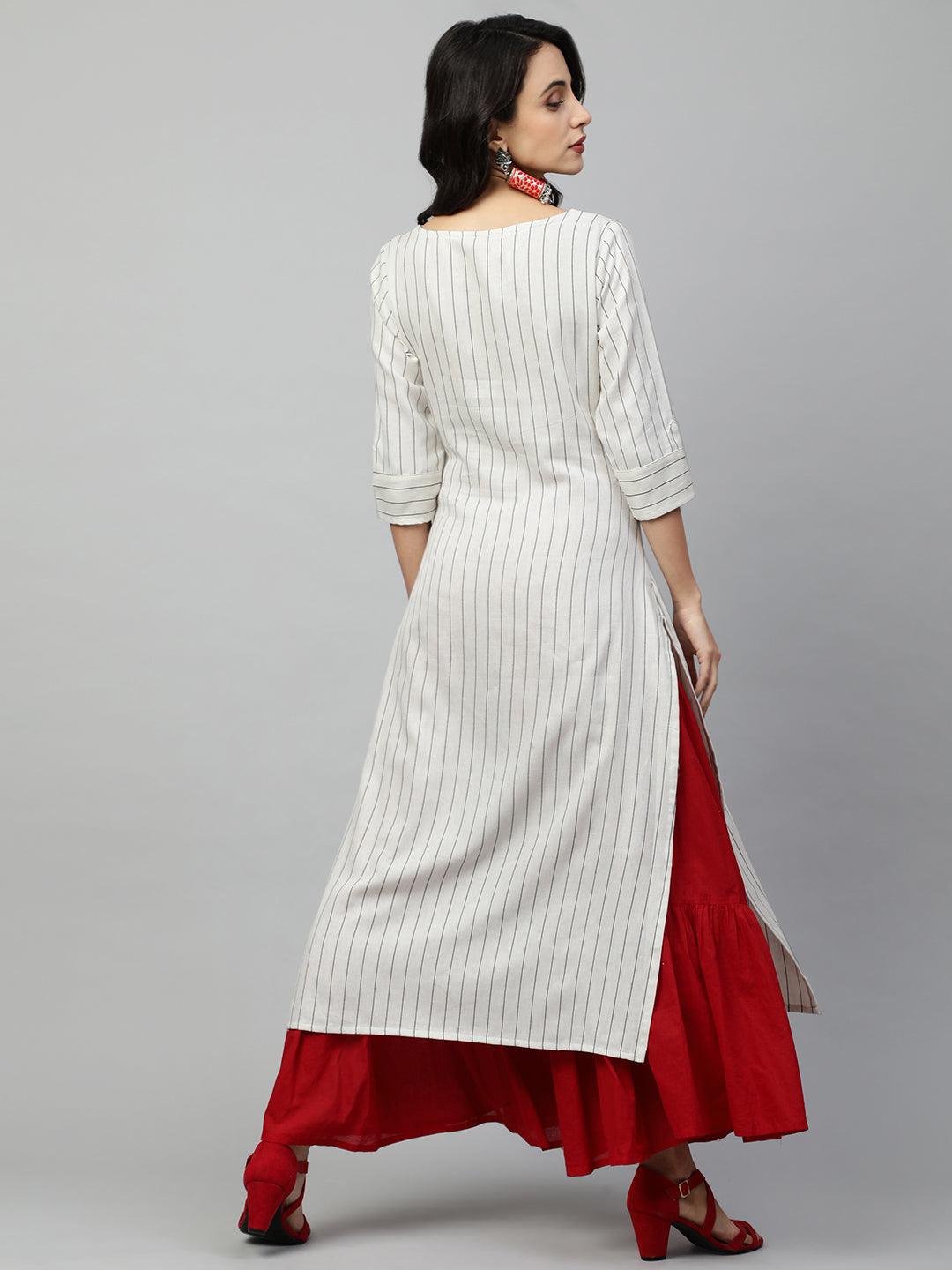 Woven Stripes & Floral Embroidered Straight Kurta - Off White - Indiakreations