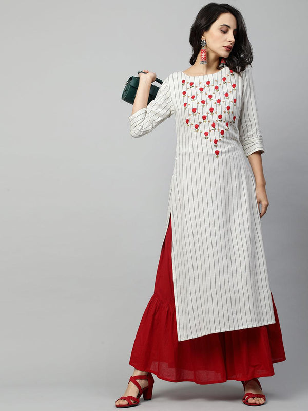 Woven Stripes & Floral Embroidered Straight Kurta - Off White - Indiakreations