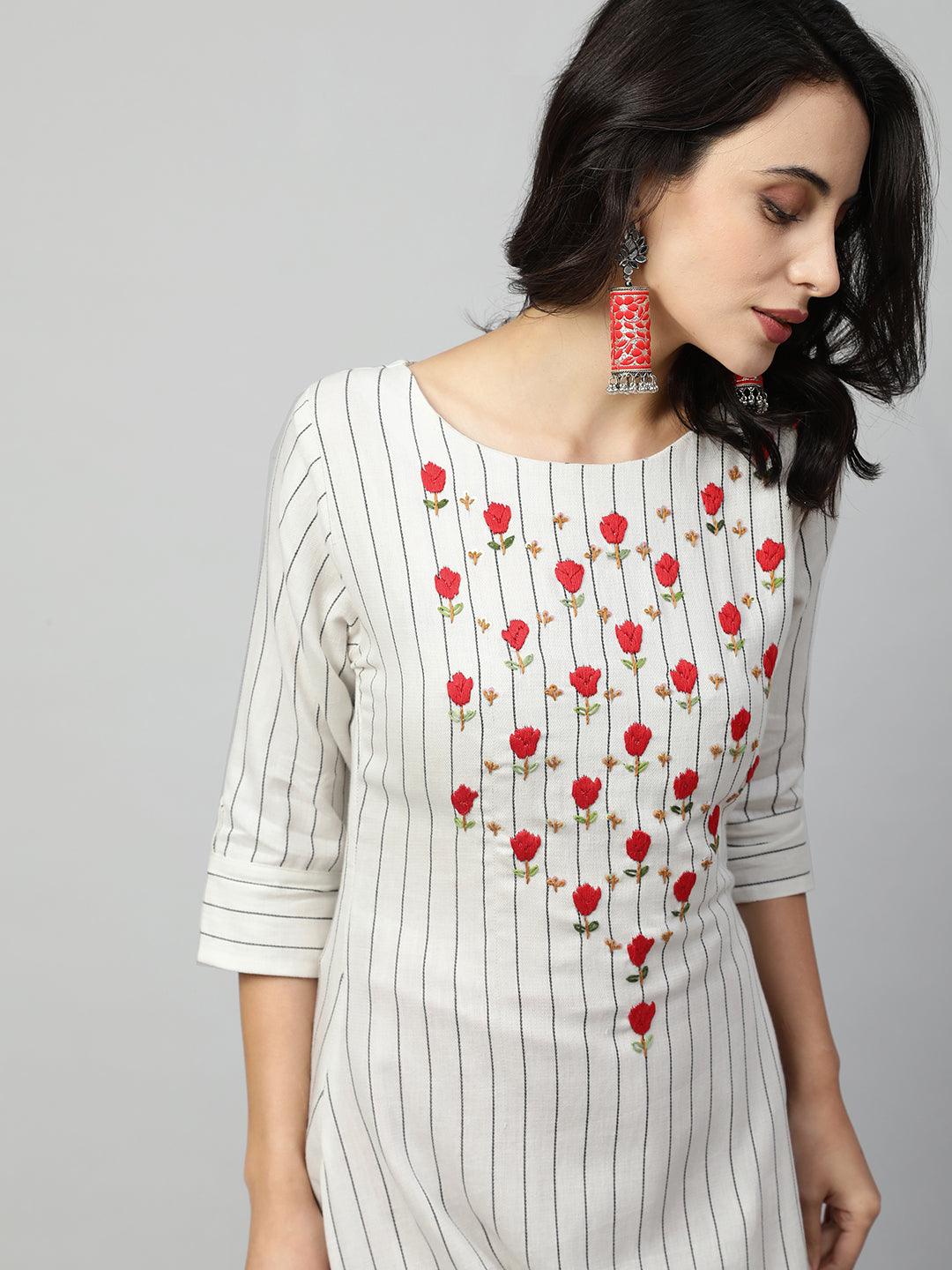 Woven Stripes & Floral Embroidered Straight Kurta - Off White - Indiakreations