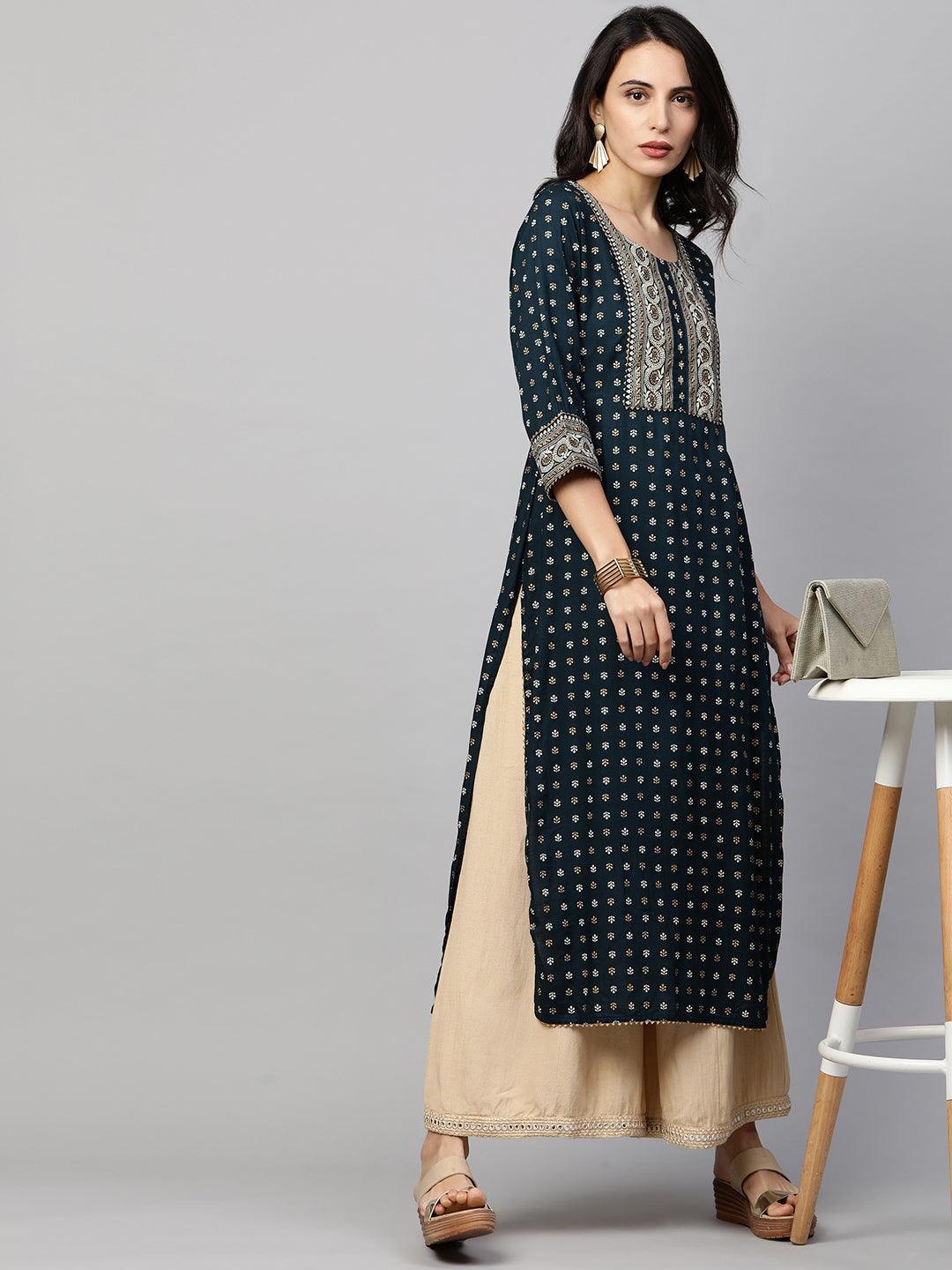 Ethnic Foil Printed & Minimal Embroidered Straight Kurta - Teal Blue - Indiakreations