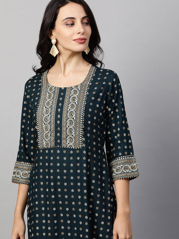 Ethnic Foil Printed & Minimal Embroidered Straight Kurta - Teal Blue - Indiakreations