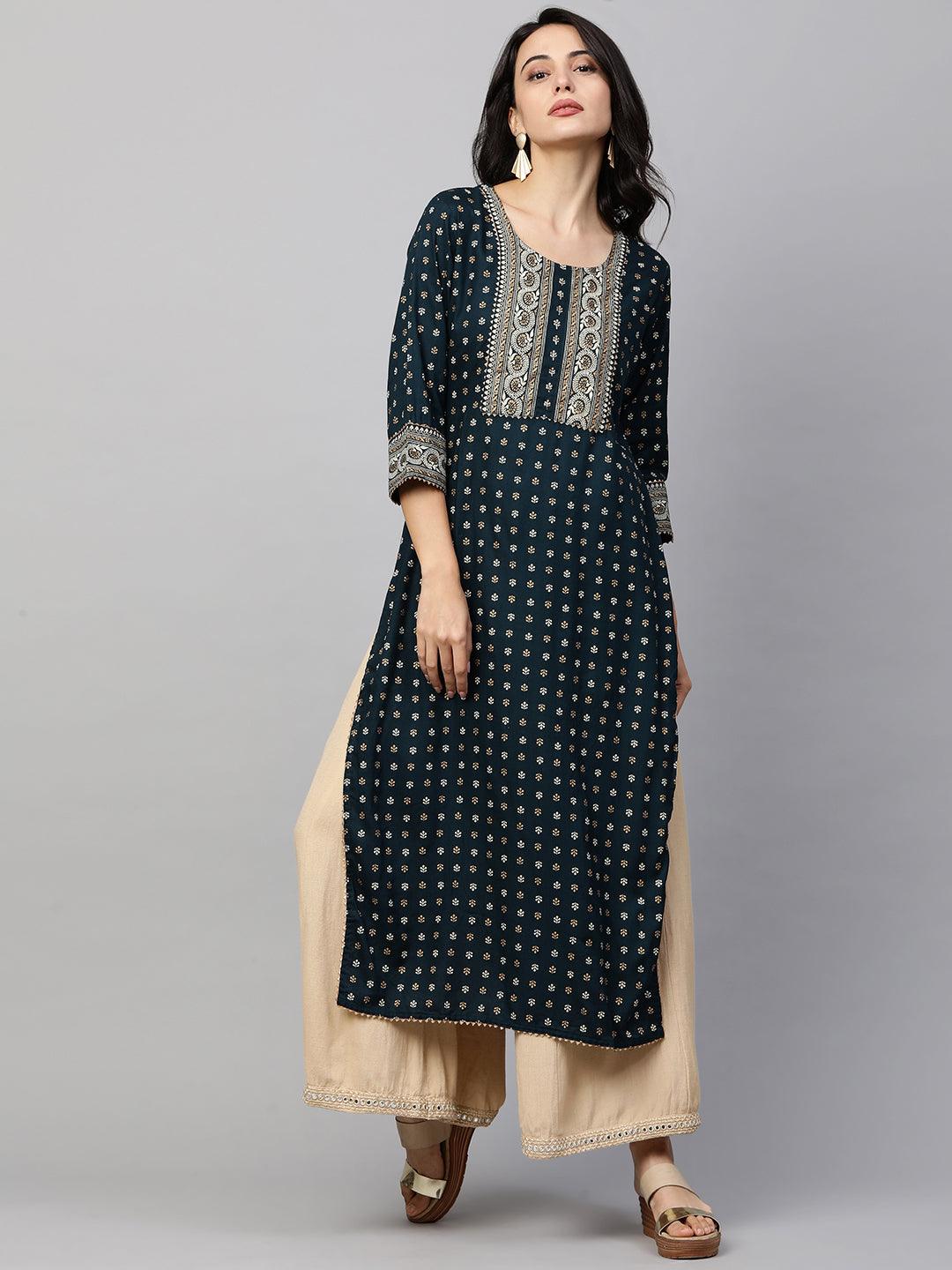 Ethnic Foil Printed & Minimal Embroidered Straight Kurta - Teal Blue - Indiakreations