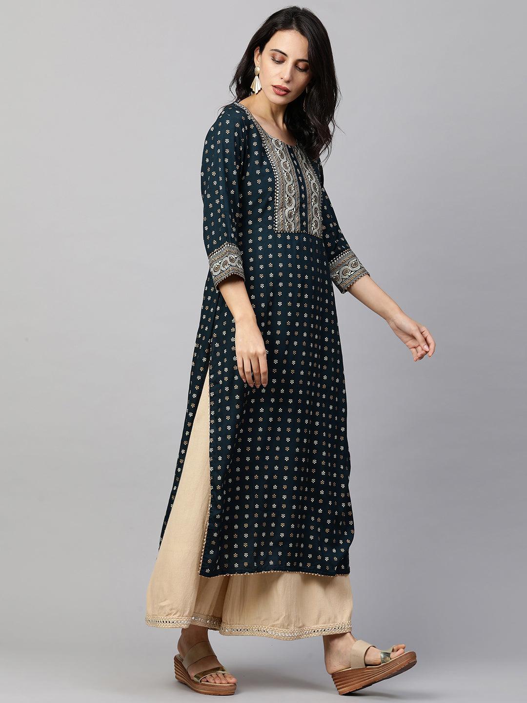 Ethnic Foil Printed & Minimal Embroidered Straight Kurta - Teal Blue - Indiakreations