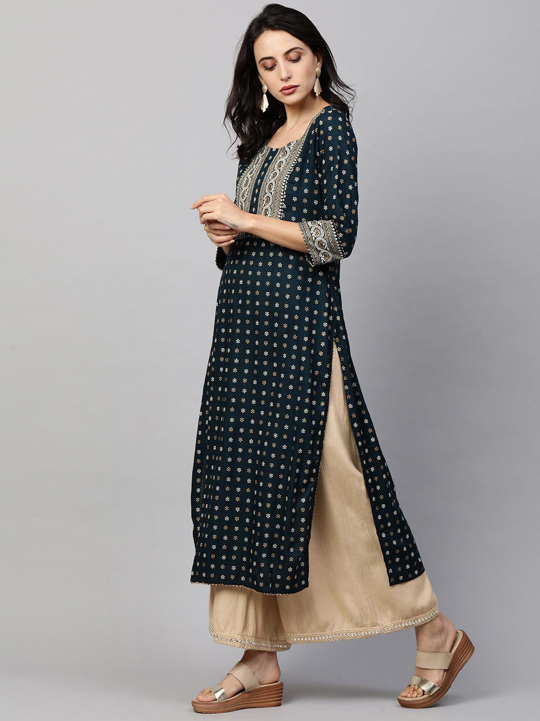 Ethnic Foil Printed & Minimal Embroidered Straight Kurta - Teal Blue - Indiakreations