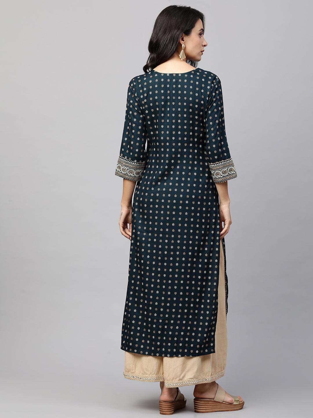 Ethnic Foil Printed & Minimal Embroidered Straight Kurta - Teal Blue - Indiakreations