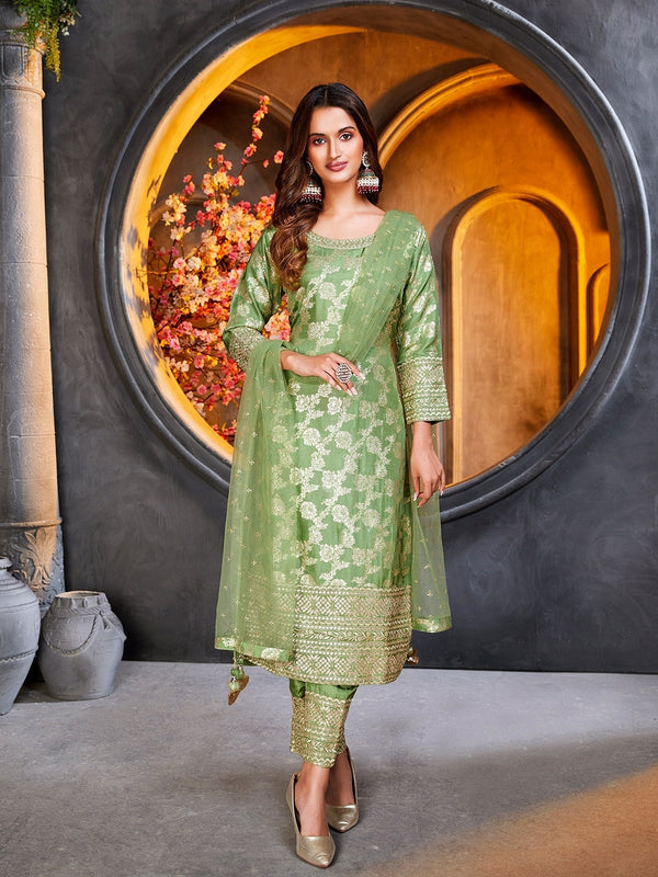 Unique Parrot Green Jamawar Complete Party Wear Pant Suit