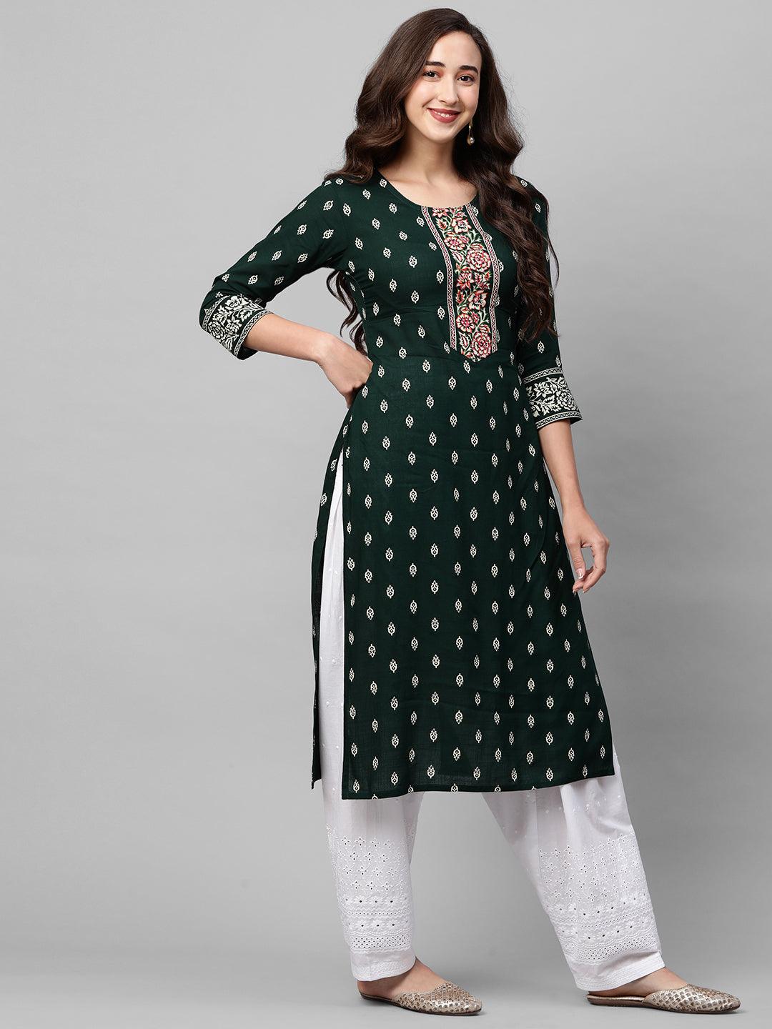 Khari Floral Printed & Embroidered Straight Kurta – Emerald Green - Indiakreations