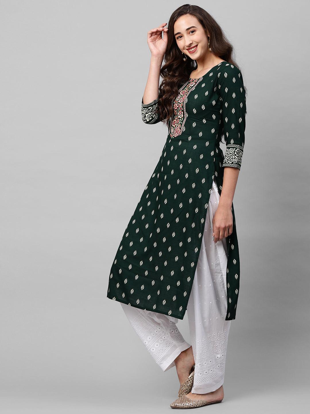 Khari Floral Printed & Embroidered Straight Kurta – Emerald Green - Indiakreations