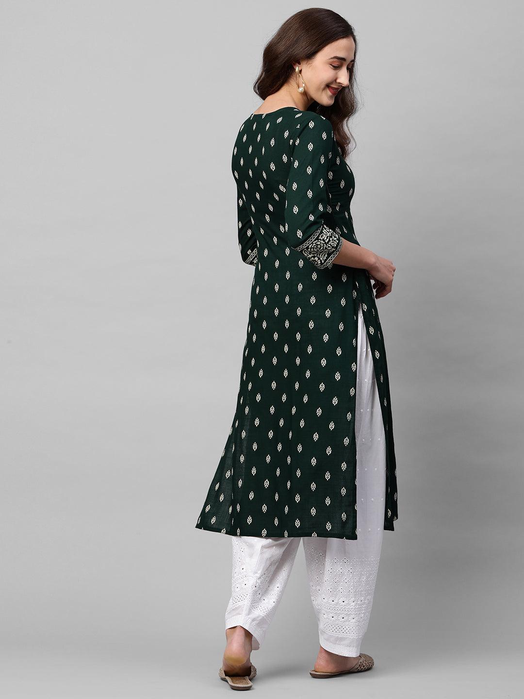 Khari Floral Printed & Embroidered Straight Kurta – Emerald Green - Indiakreations