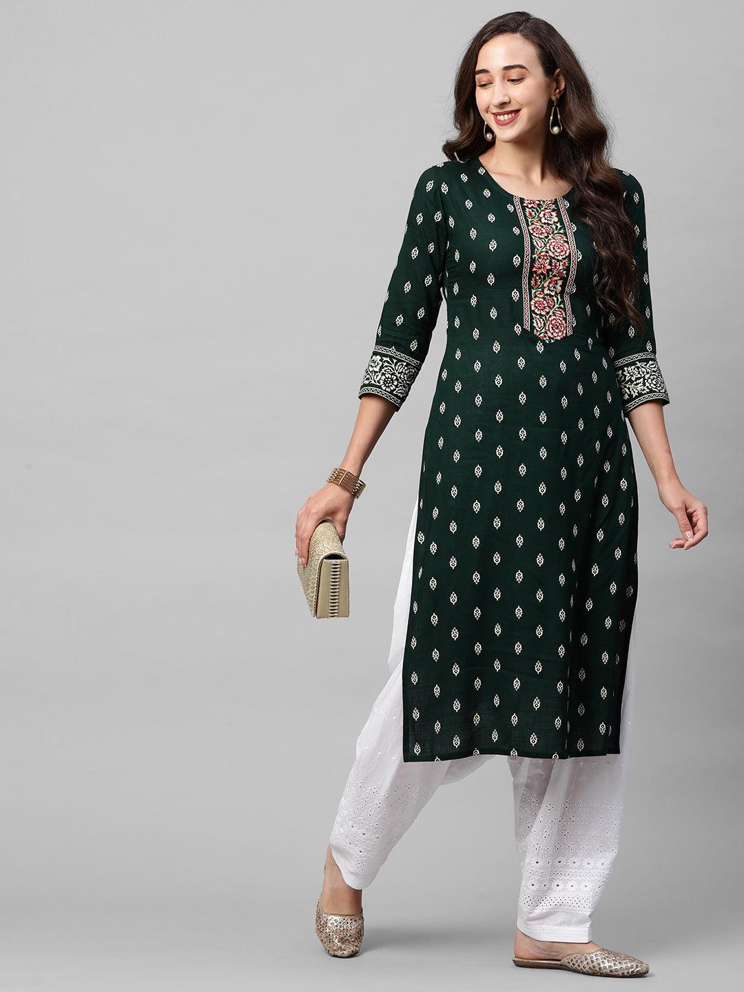 Khari Floral Printed & Embroidered Straight Kurta – Emerald Green - Indiakreations