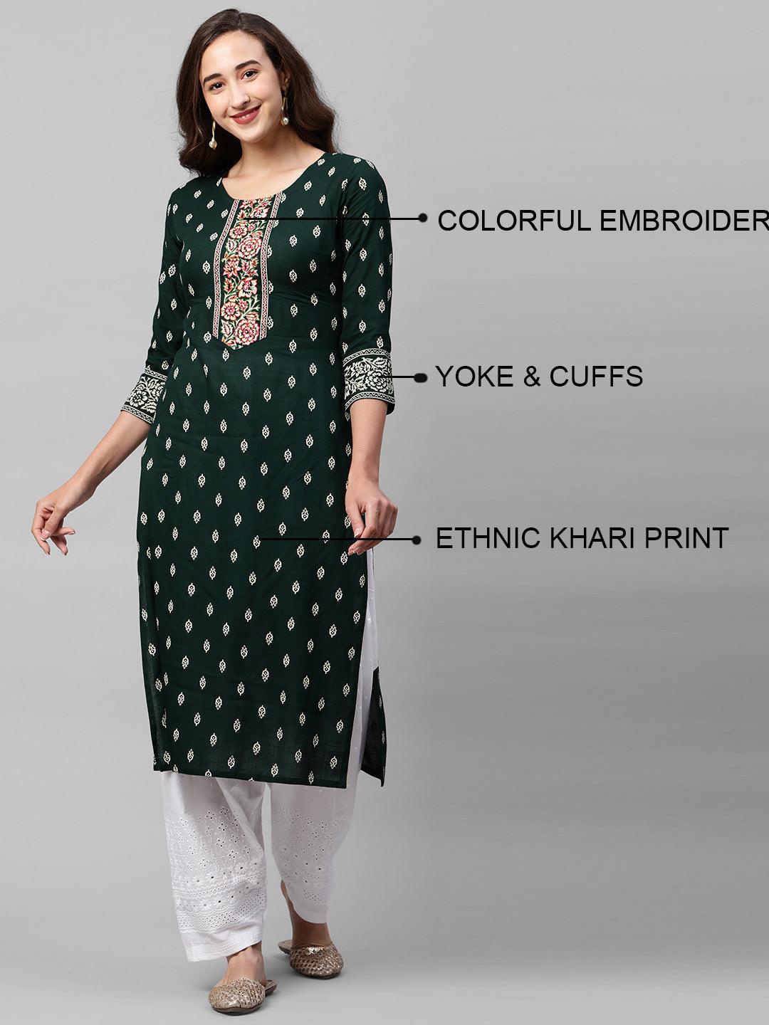 Khari Floral Printed & Embroidered Straight Kurta – Emerald Green - Indiakreations