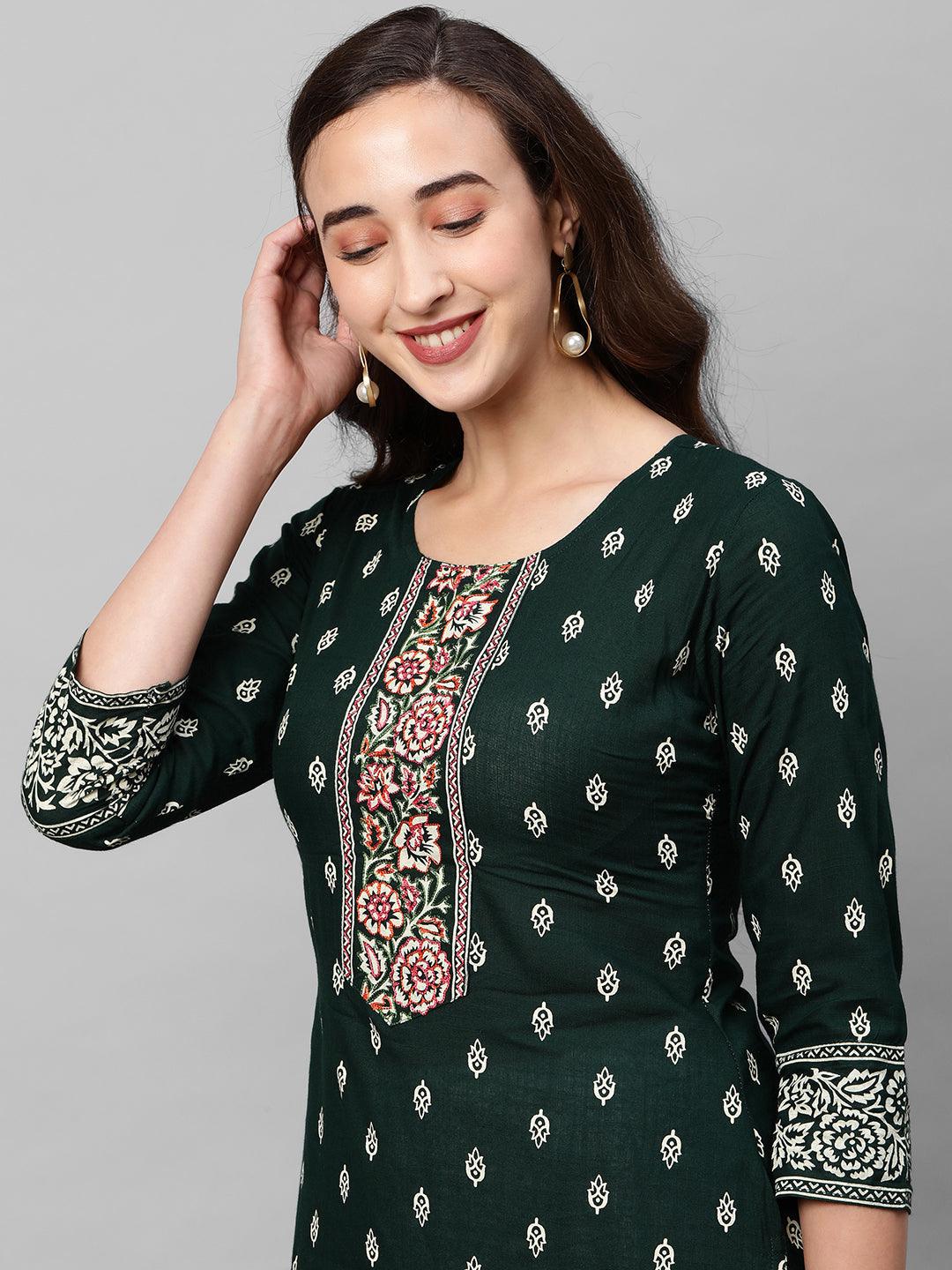 Khari Floral Printed & Embroidered Straight Kurta – Emerald Green - Indiakreations