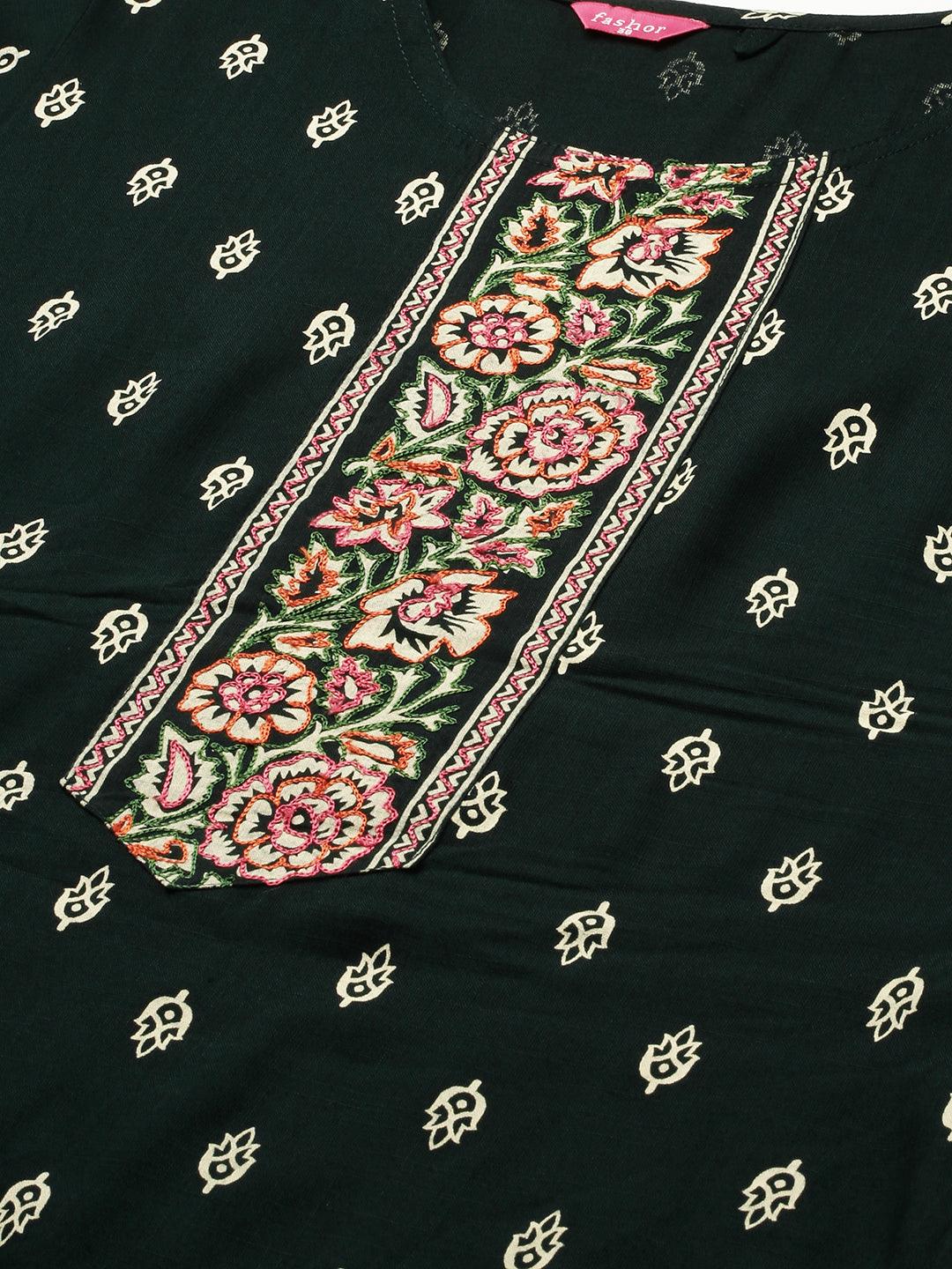 Khari Floral Printed & Embroidered Straight Kurta – Emerald Green - Indiakreations