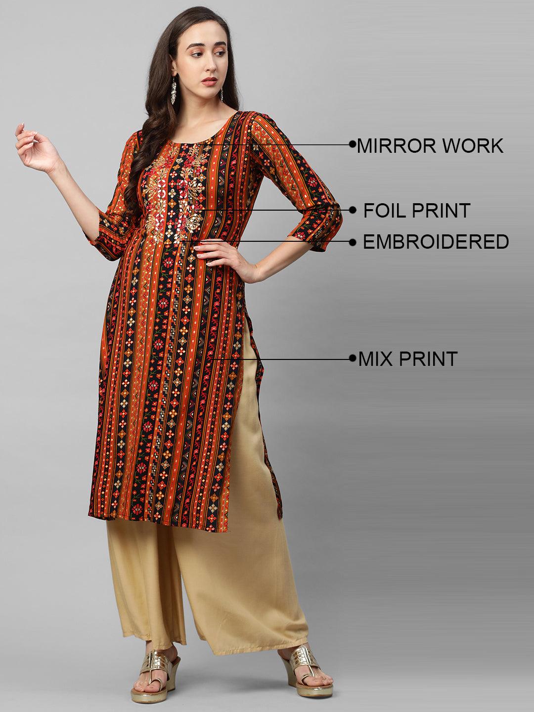 Ethnic Mix Printed & Mirror Embroidered Straight Kurta - Multi - Indiakreations