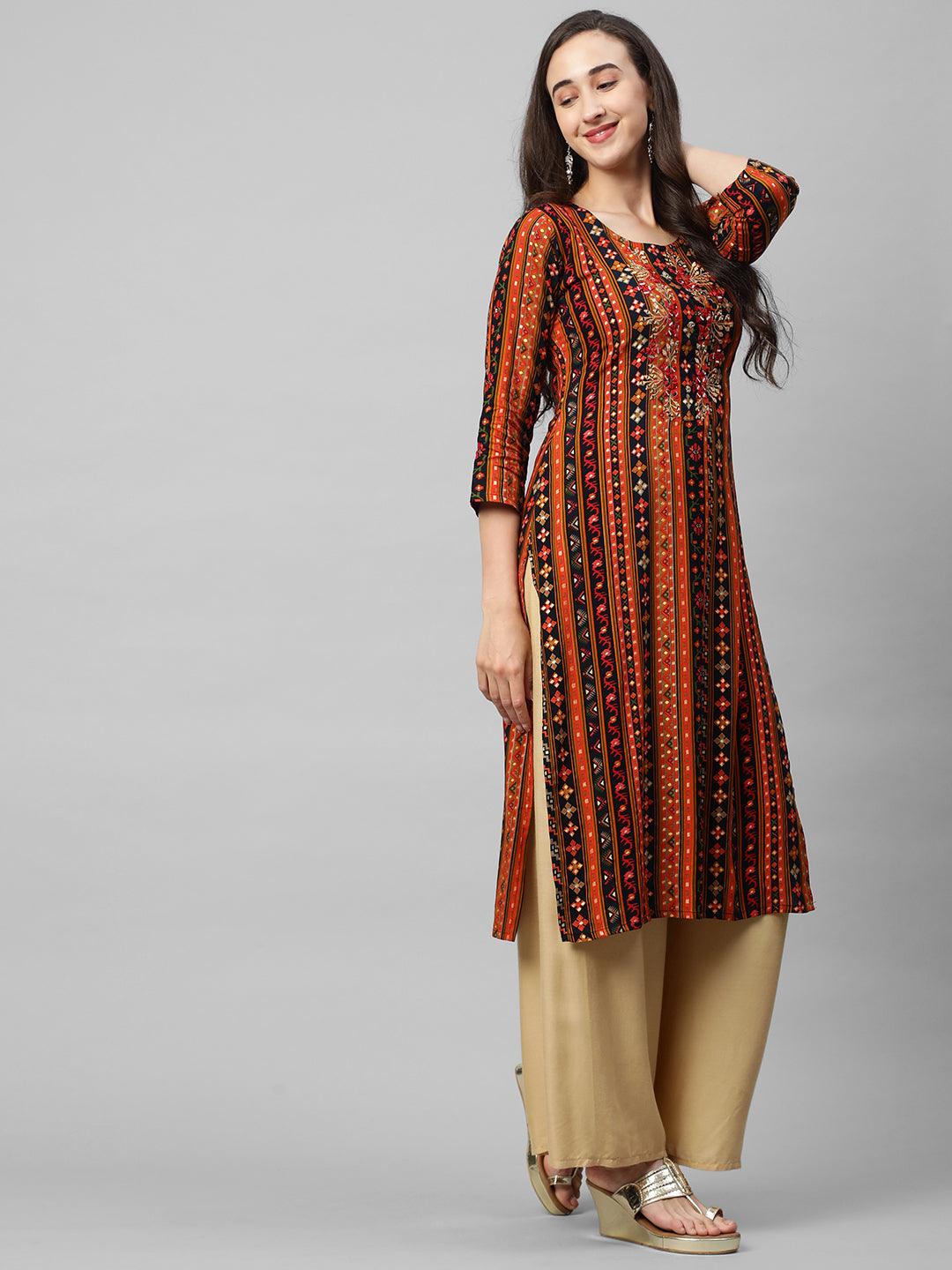 Ethnic Mix Printed & Mirror Embroidered Straight Kurta - Multi - Indiakreations