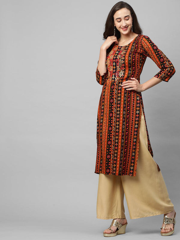 Ethnic Mix Printed & Mirror Embroidered Straight Kurta - Multi - Indiakreations