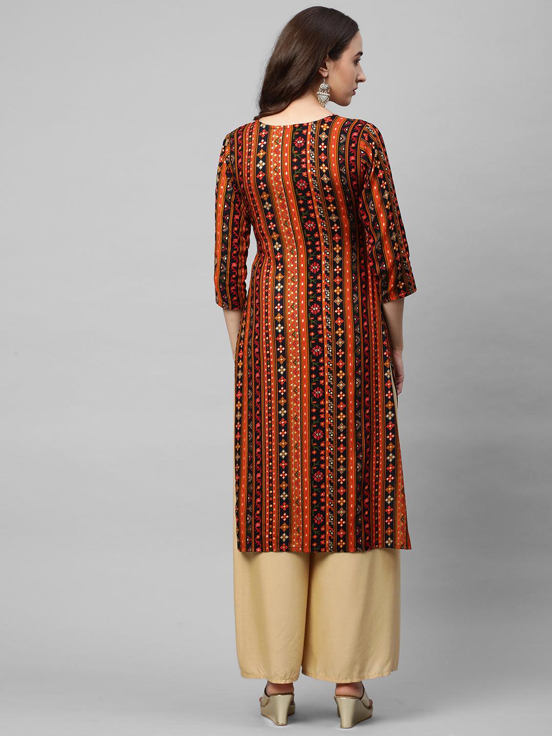 Ethnic Mix Printed & Mirror Embroidered Straight Kurta - Multi - Indiakreations